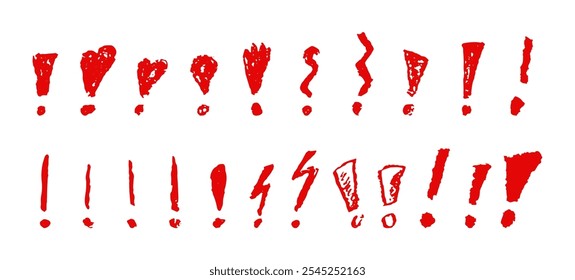 Exclamation marks symbols set. Red crayon hand written signs. Doodle icons collection for emphasize important or dangerous warning text. Vector sketch or graffiti style exclamation marks