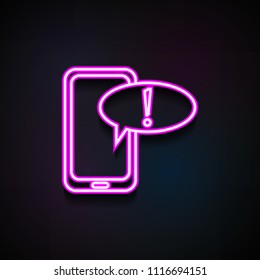 exclamation message on smartphone icon. Element of Minimalistic  icons for mobile concept and web apps. Neon exclamation message on smartphone icon can be used for web on dark gradient background