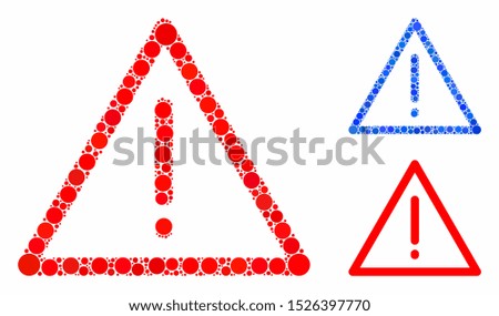 Exclamation mosaic for exclamation icon of round dots in various sizes and color tones. Vector round dots are united into blue mosaic. Dotted exclamation icon in usual and blue versions.