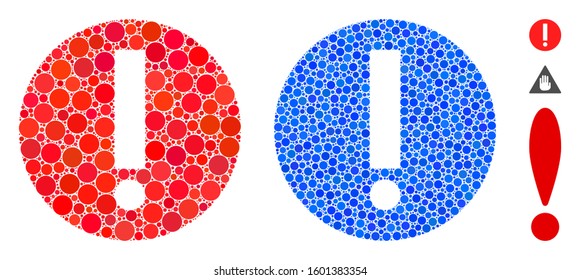 Exclamation mosaic of round dots in various sizes and color tints, based on exclamation icon. Vector round dots are composed into blue mosaic. Dotted exclamation icon in usual and blue versions.