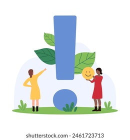Exclamation point, alert info message of important information or danger. Tiny people holding emoji face with smile, pointing on exclamation mark for problem attention cartoon vector illustration