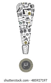 Exclamation point with auto parts for car. Auto parts for car. Auto parts for shop, aftermarket OEM. Exclamation point with auto parts. Many auto spare parts isolated in exclamation point