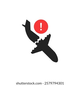 exclamation point with black airplane icon. simple flat style trend modern abstract logotype graphic art design element isolated on white. concept of big aircraft damage or fuselage disaster pictogram