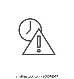 Exclamation point and clock line icon, outline vector sign, linear style pictogram isolated on white. Expired symbol, logo illustration. Editable stroke. Pixel perfect