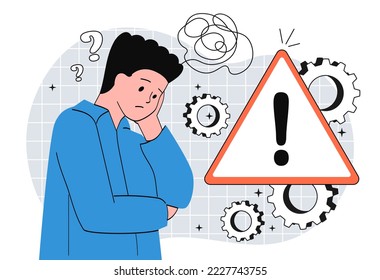 Exclamation point concept. Man standing, covering face with hands next to danger sign. Internet security and hacking protection. Technical issues and programming. Cartoon flat vector illustration