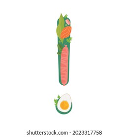 Exclamation point, consisting of food, vegetables, fish, sausages. The concept addresses the issue of healthy, harmful and organic nutrition. Vector illustration in a flat style. Isolate on white