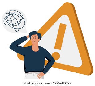 Exclamation point, error, warning, limitation, and cute man. A pensive man stands at the exclamation mark. Error, warning, limitation. Flat line elegant vector illustration on white