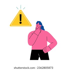 Exclamation point, error, warning, limitation. A pensive business woman stands at the exclamation mark. Error, warning, limitation. Flat vector illustration isolated on white background
