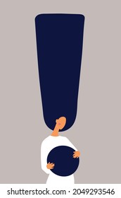 Exclamation point and girl. Flat design for advertising, the concept of a new idea, answering a question, attracting attention. Simple cartoon vector illustration.