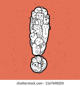 Exclamation point. Hand drawn doodled kids symbol. Cute monstred numbers, math, text letters. Vector illustration for web, design, decoration, education, prints, cards, design on a grunge background