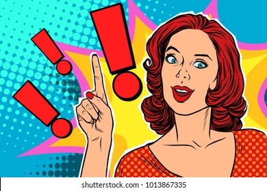 Exclamation point and happy pop art woman. Pop art retro vector illustration