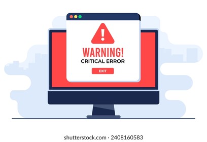 Exclamation point icon on computer screen, System error, System security warning alert, Cybercrime, Vulnerability, Computer virus, Ransomware, or bug, Critical error, Malware, Technical error, Hack