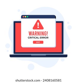 Exclamation point icon on laptop screen, System error, System security warning alert, Cybercrime, Vulnerability, Computer virus, Ransomware, or bug, Critical error, Malware, Technical error, Hack