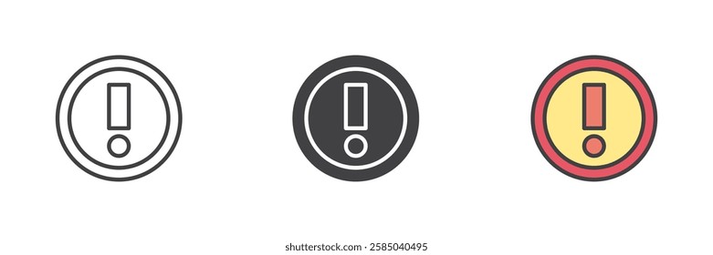 Exclamation point inside a circle different style icon set. Line, glyph and filled outline colorful version, outline and filled vector sign. Danger, hazard, caution symbol, logo illustration