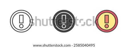 Exclamation point inside a circle different style icon set. Line, glyph and filled outline colorful version, outline and filled vector sign. Danger, hazard, caution symbol, logo illustration