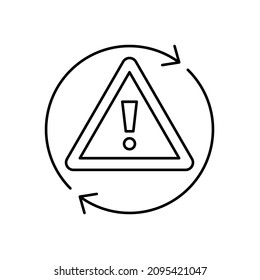 Exclamation point inside a triangle circled by a circular arrow. Simple outline black and white vector icon in modern minimal style with thin lines. Editable line thickness