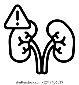 Icono de la línea de puntos de exclamación y problemas renales, concepto de discapacidad, signo de insuficiencia renal en fondo blanco, estilo de contorno de icono de la enfermedad. Gráficos vectoriales.