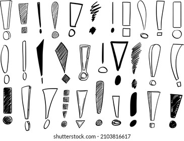 Juego de signos o puntos de exclamación, símbolo de advertencia, dibujo de la mano de dibujos animados.