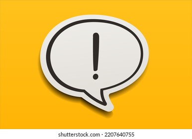 Exclamation Point On Paper Speech Bubble With Yellow Question Cartoon Pattern Background. Chatting Messaging Communication Concept.