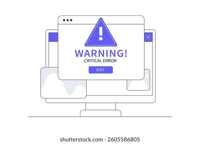 Exclamation point on screen, System error, security warning alert, Cybercrime, Vulnerability, Computer virus, Ransomware, or bug, Critical , Malware, Technical error.  Flat Cartoon Vector Illustration