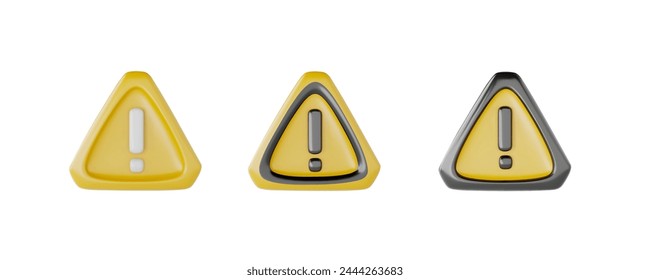 Signo de carretera de signo de exclamación conjunto de Ilustraciones vectoriales realistas 3D. Icono de signo de peligro. Volumen de atención de peligro. Símbolo triangular amarillo de advertencia. Señal de precaución restringida