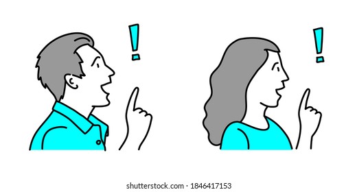 Exclamation point and surprised man, woman. Vector illustration.