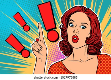 Exclamation Point And Surprised Pop Art Woman. Pop Art Retro Vector Illustration