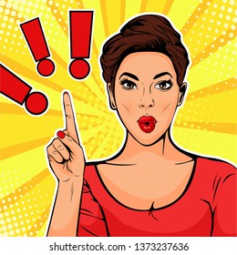 Exclamation Point And Surprised Woman. Colorful Vector Illustration In Pop Art Retro Comic Style