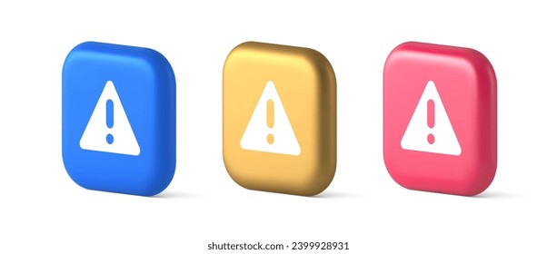 Exclamation point triangle button attention advice mark dangerous important information 3d realistic blue gold and pink icons. Security alarm alert beware stop message