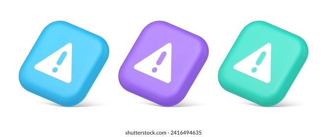 Exclamation point triangle button attention advice mark dangerous important information 3d realistic blue purple and green icons. Security alarm alert beware stop message