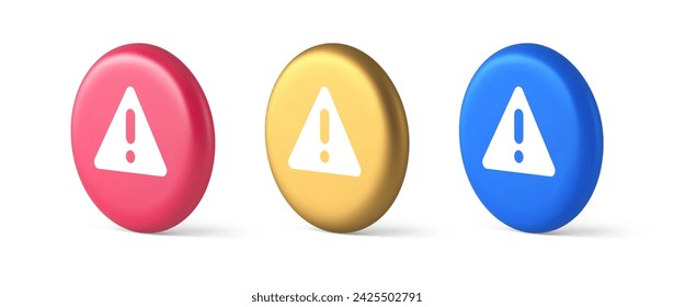 Exclamation point triangle button attention advice mark dangerous important information 3d realistic blue gold and pink icons. Security alarm alert beware stop message