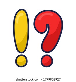 Exclamation and question mark in the alphabet on an isolated white background. A punctuation mark at the end of a sentence. Vector hand-drawn graphics. Flat style, color illustration