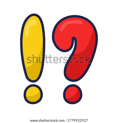 Exclamation and question mark in the alphabet on an isolated white background. A punctuation mark at the end of a sentence. Vector hand-drawn graphics. Flat style, color illustration