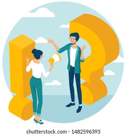 Exclamation and question mark. Flat design isometric vector illustration of young man and woman with alert sign. Exclamation mark, answer for question, alert, warning and notification.