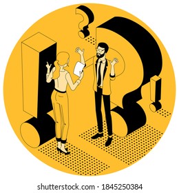 Exclamation and question mark. Flat design isometric vector illustration of young man and woman with alert sign. Exclamation mark, answer for question, alert, warning and notification.