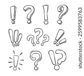 Exclamation and question mark hand drawn vector illustration. Suitable for warning elements in infographics and cartoon.