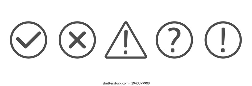 Exclamation and question mark line art icons. Check and cross marks set. Black tick and cross in circle shape. Quiz. YES or NO symbol. Concept of checklist, reject or accept. Vector illustration.