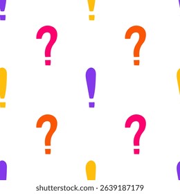 Exclamation and Question mark Multicolored Seamless Pattern. Colorful Punctuation Symbols Background. Repeat vector illustration in hand drawn style for children and support design