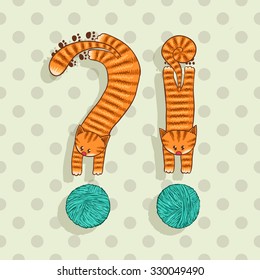 Exclamation and question mark in shape of playful kittens with balls of yarn.