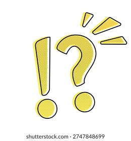 Exclamation and Question Mark Symbols with Halftone Dots, Vector Illustration for Inquiry and Surprise