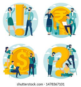 Exclamation and question mark. Vector illustration of young man and woman with alert sign. Concept  of people with exclamation mark, indian rupee and american dollar coin symbols.