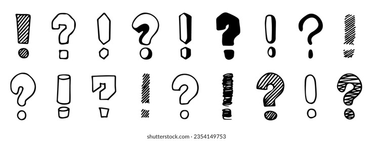 Exclamation and question marks. Outline punctuation marks for doodle brush style, hand drawn punctuation symbols. Vector isolated collection. Punctuation scribble characters doodle set