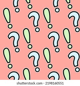 Exclamation and question marks, punctuation marks, amazement, vector seamless pattern in the style of doodles, hand drawn