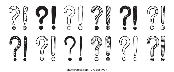 Exclamation and question marks set collection doodle hand drawn icon. Outline drawing punctuation line clipart symbol. Vector illustration