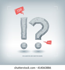 Exclamation and question marks. Stone carved typeface element. Vector illustration.