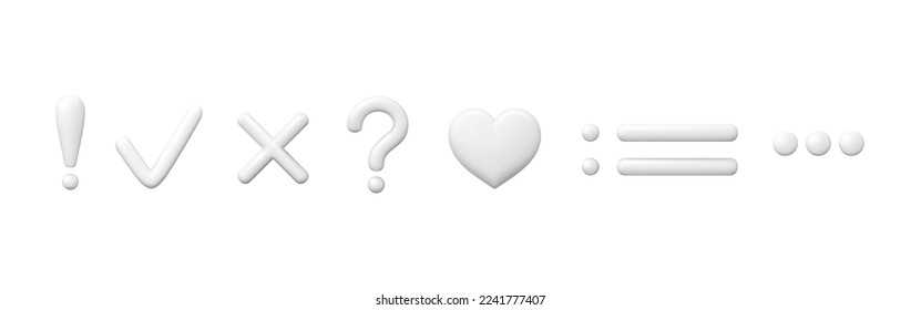 Exclamation question signs, 3d arrow and cross, heart and dots. Different white punctuation marks, consent and refusal symbols. Right true and dont vector elements