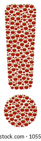 Exclamation Sign composition of tomato. Vector tomato objects are composed into exclamation sign illustration. Vegan vector illustration.