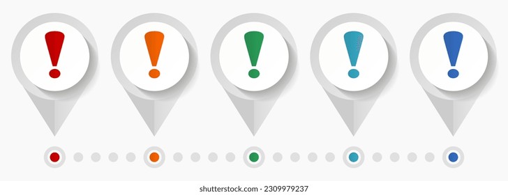 Signo de signo de exclamación iconos vectoriales, plantilla infográfica editable, conjunto de punteros de diseño plano coloridos