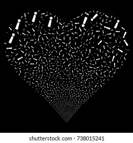 Exclamation Sign fireworks with heart shape. Vector illustration style is flat white iconic symbols on a black background. Object heart combined from confetti pictograms.