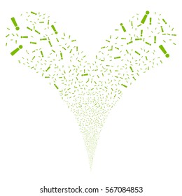 Exclamation Sign fireworks stream. Vector illustration style is flat eco green iconic symbols on a white background. Object double fountain created from random pictograms.